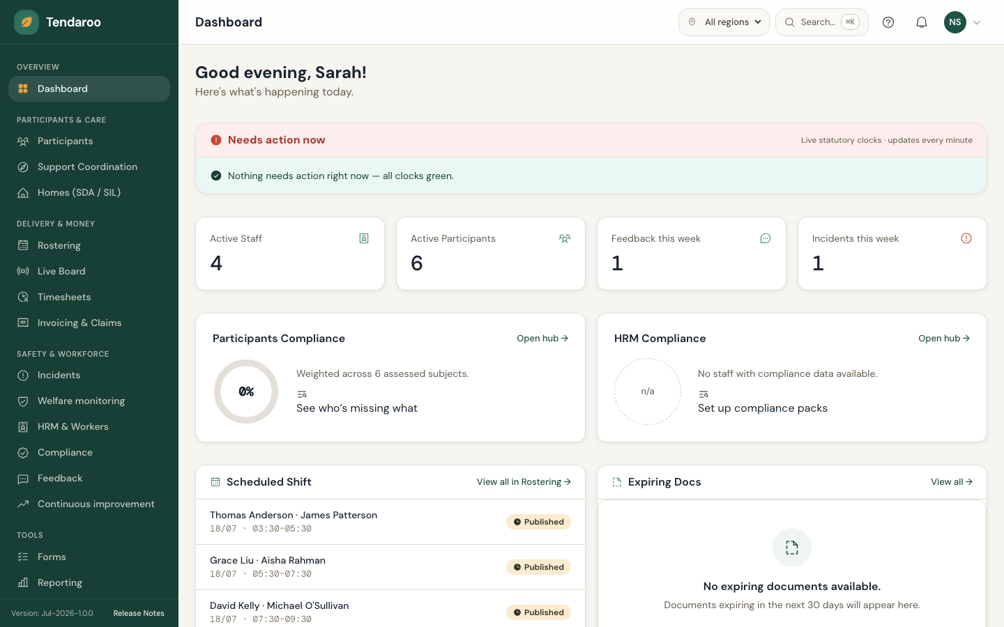 Tendaroo allied health in the app, shown with demo data