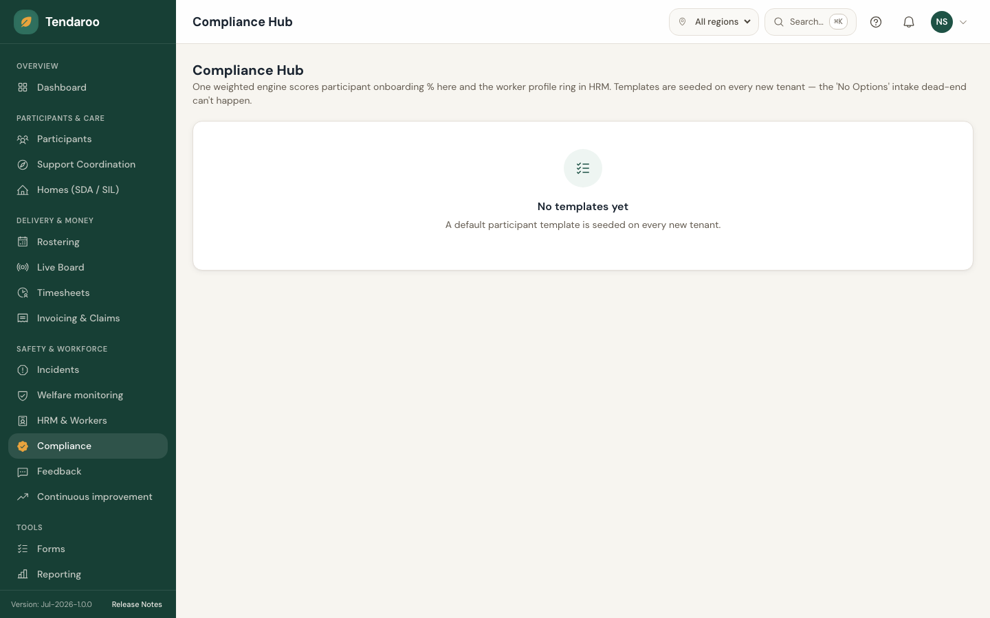Tendaroo compliance hub in the app, shown with demo data