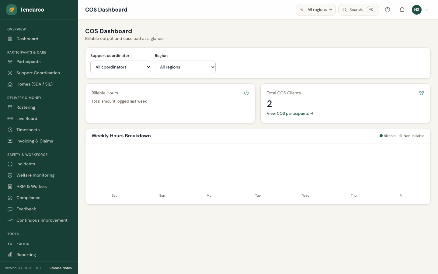 Tendaroo support coordination in the app, shown with demo data