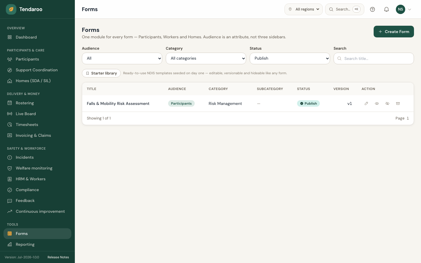 Tendaroo forms & agreements in the app, shown with demo data