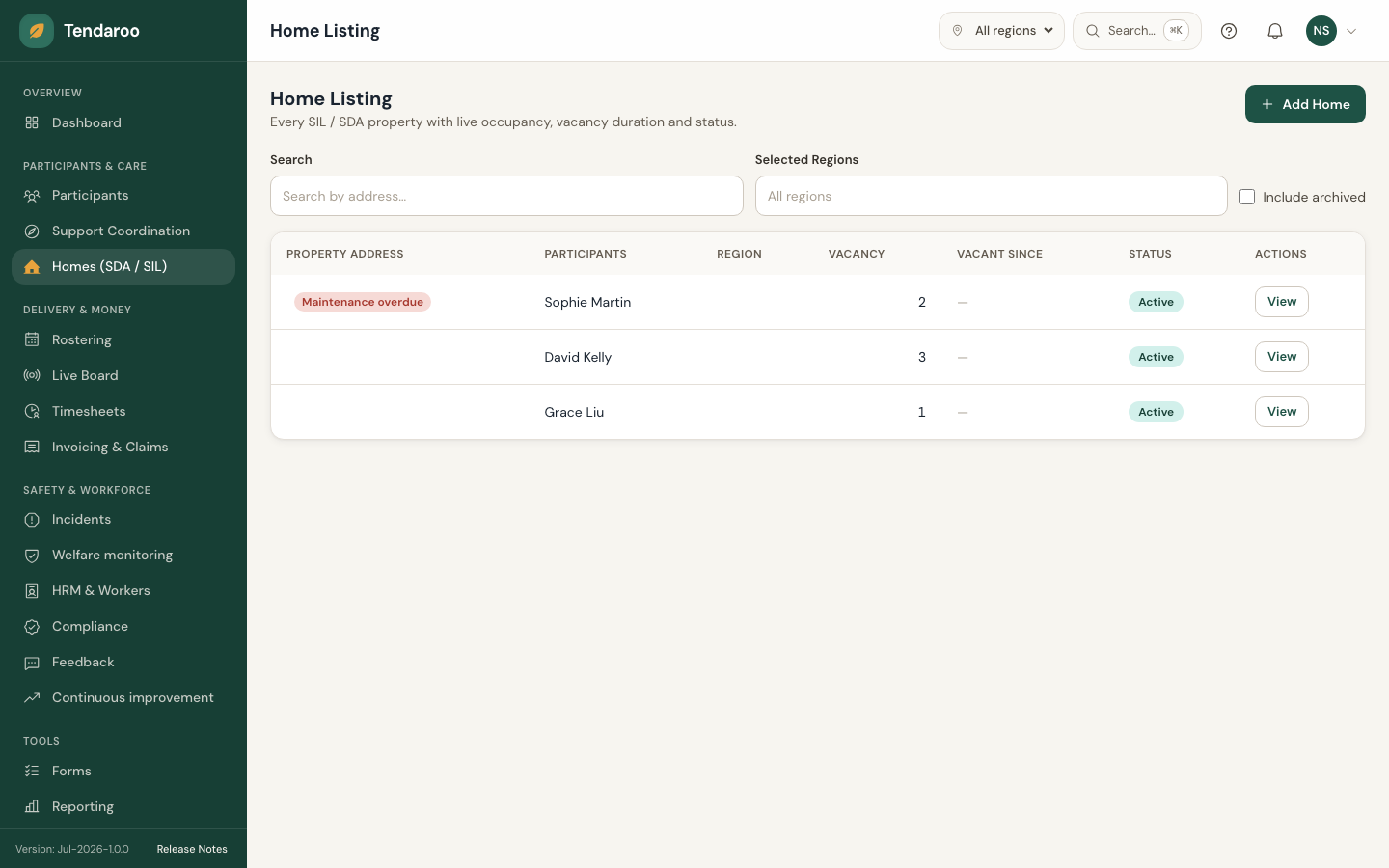 Tendaroo homes (sda / sil) in the app, shown with demo data