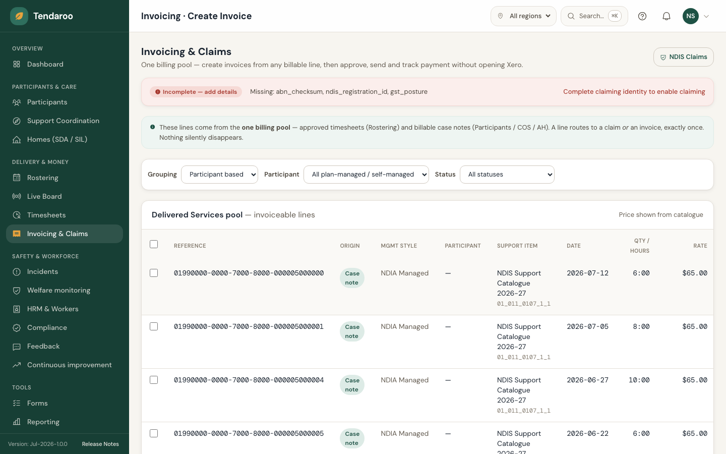 Tendaroo claiming & invoicing in the app, shown with demo data