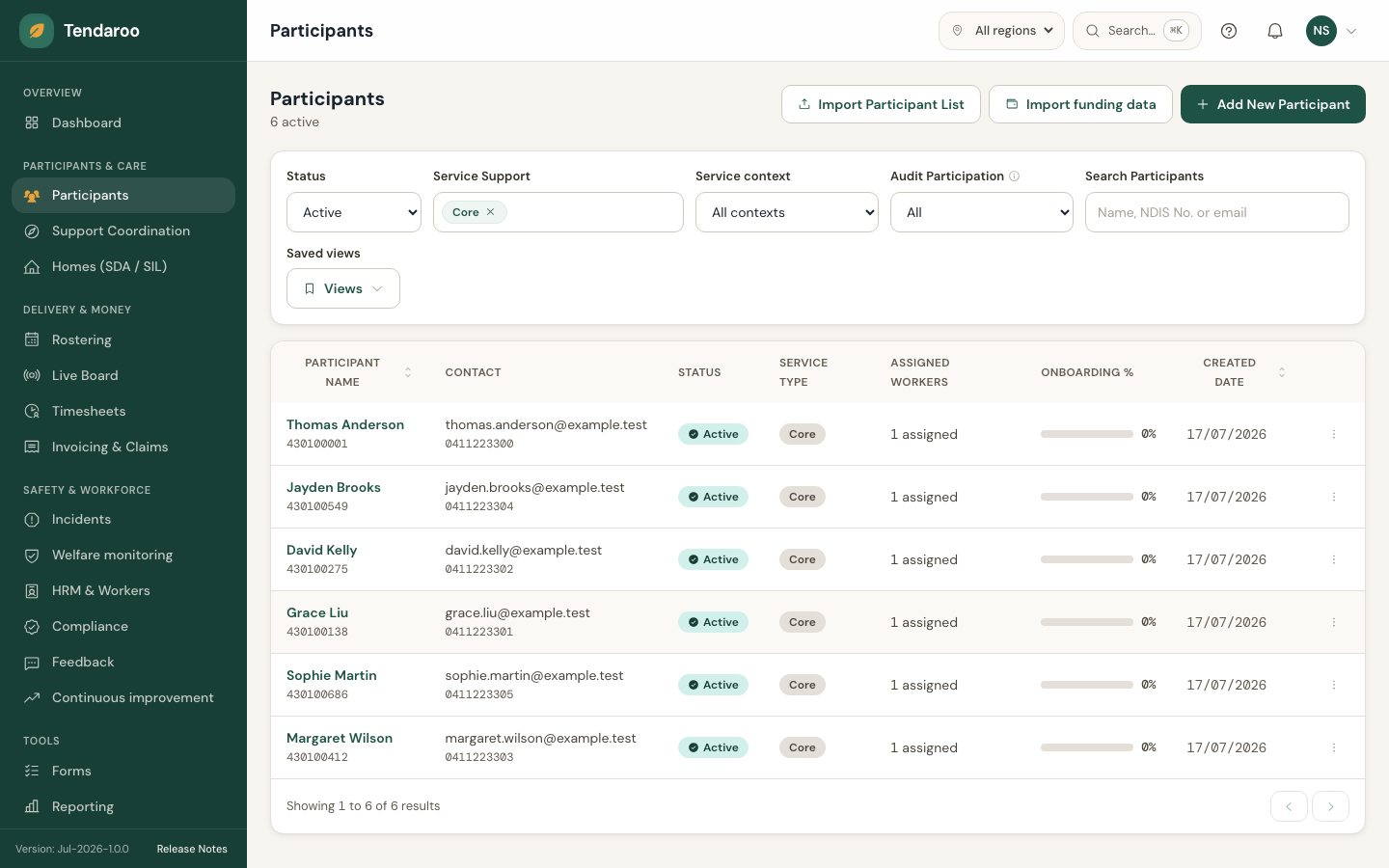 Tendaroo participant management in the app, shown with demo data