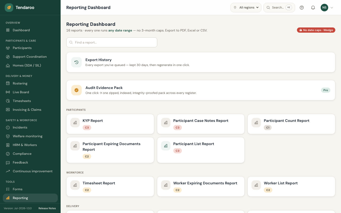 Tendaroo reporting & dashboards in the app, shown with demo data