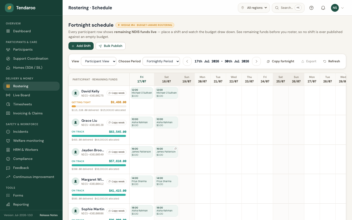 Tendaroo rostering in the app, shown with demo data