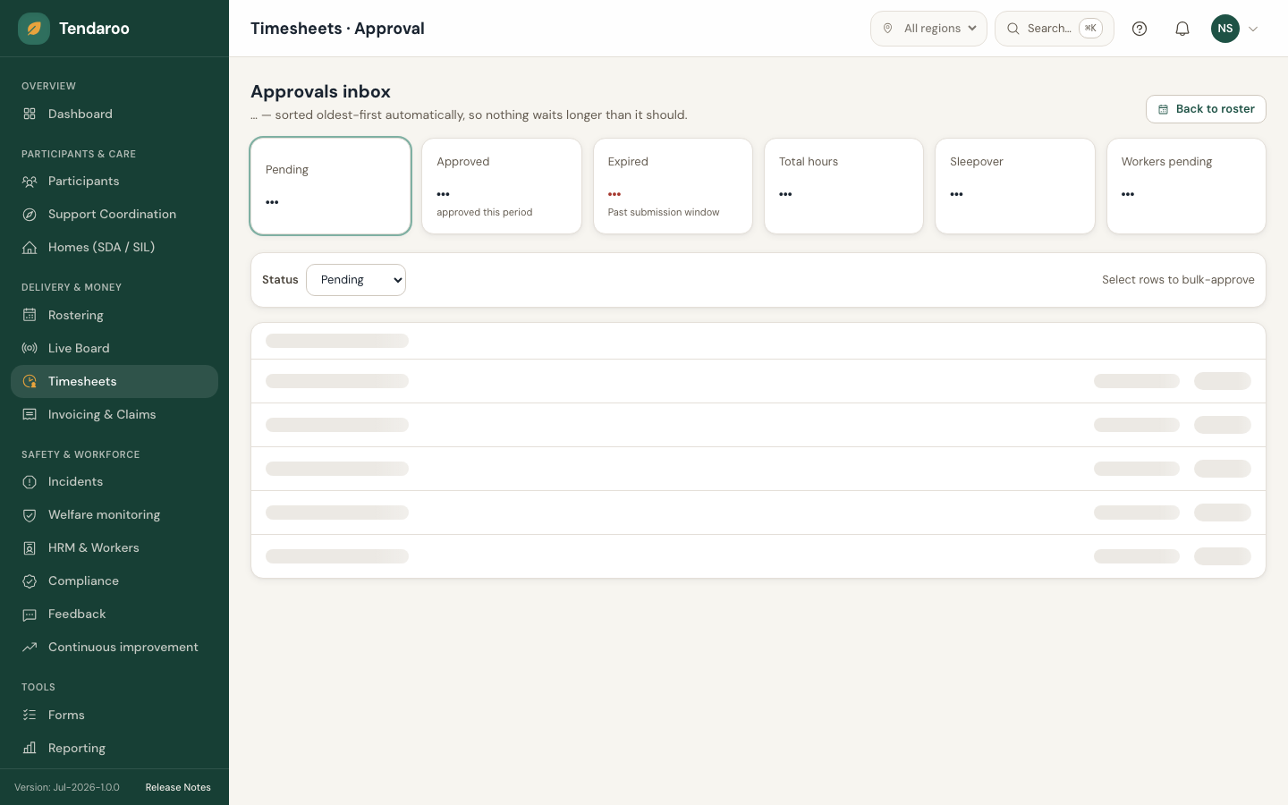 Tendaroo timesheets & pay in the app, shown with demo data