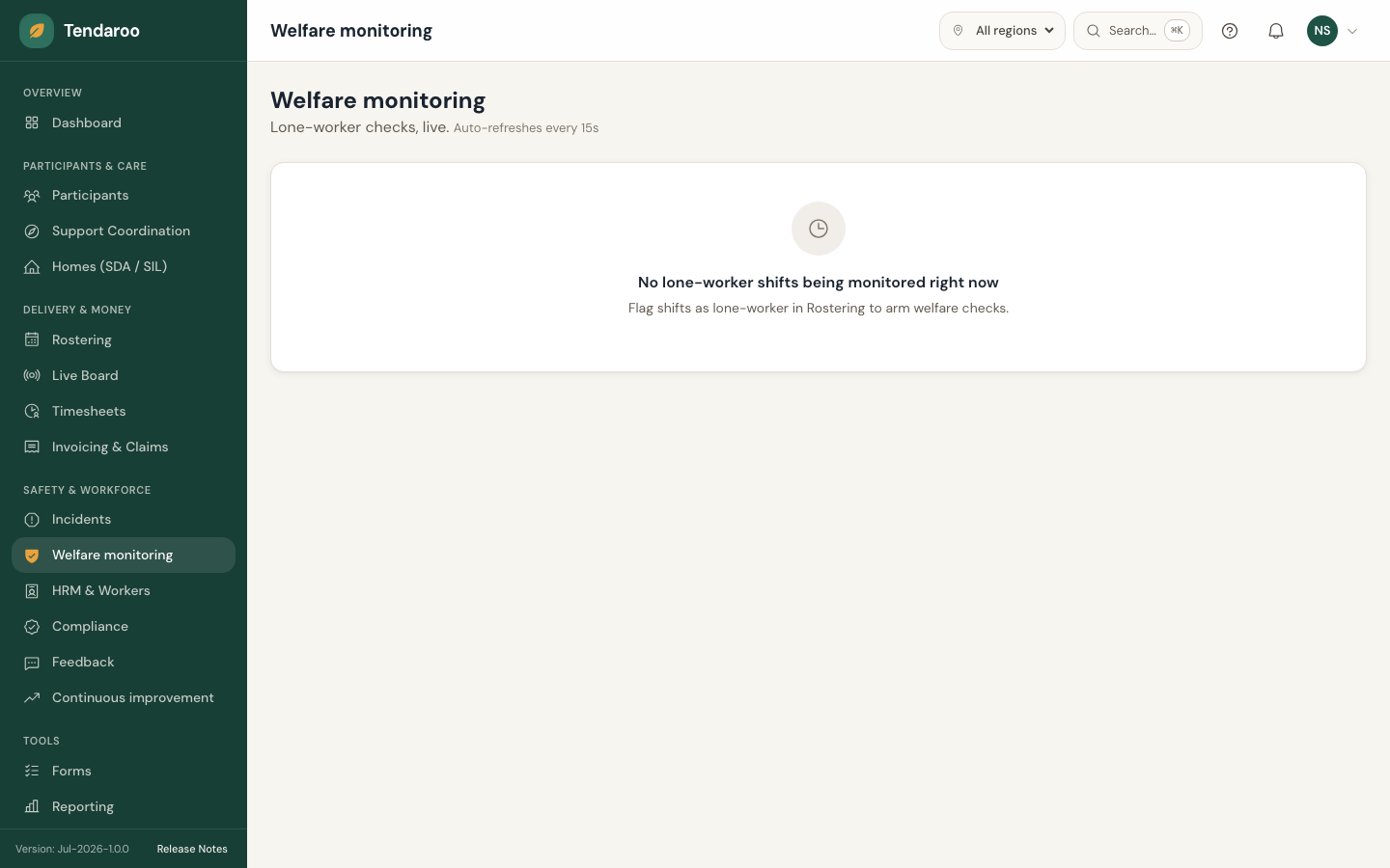 Tendaroo risk management in the app, shown with demo data