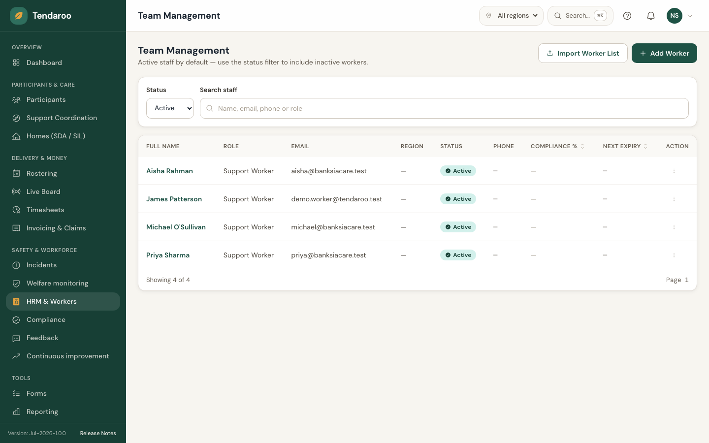 Tendaroo workforce & hrm in the app, shown with demo data