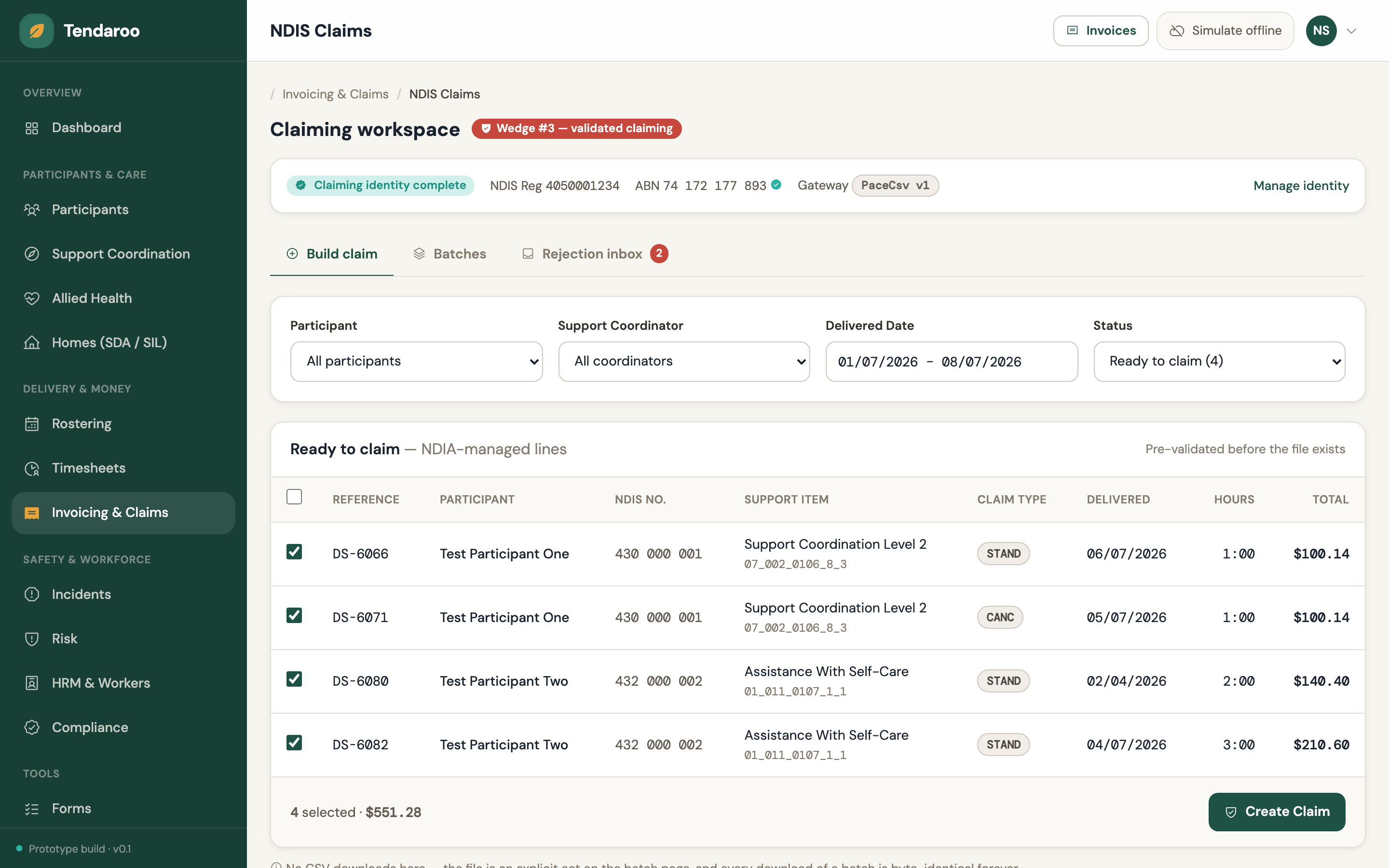 Tendaroo claim workspace with a pre-lodgement validation panel and a rejection inbox grouping bounced claim lines by reason for requeue or write-off