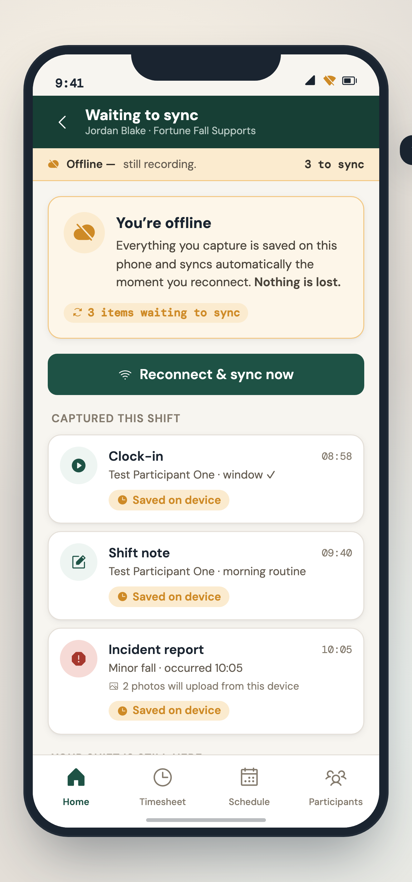 Tendaroo mobile field app while offline: a 'You're offline — everything is saved on this phone' banner, 3 items waiting to sync, and clock-in, shift note and incident report all captured and saved on device