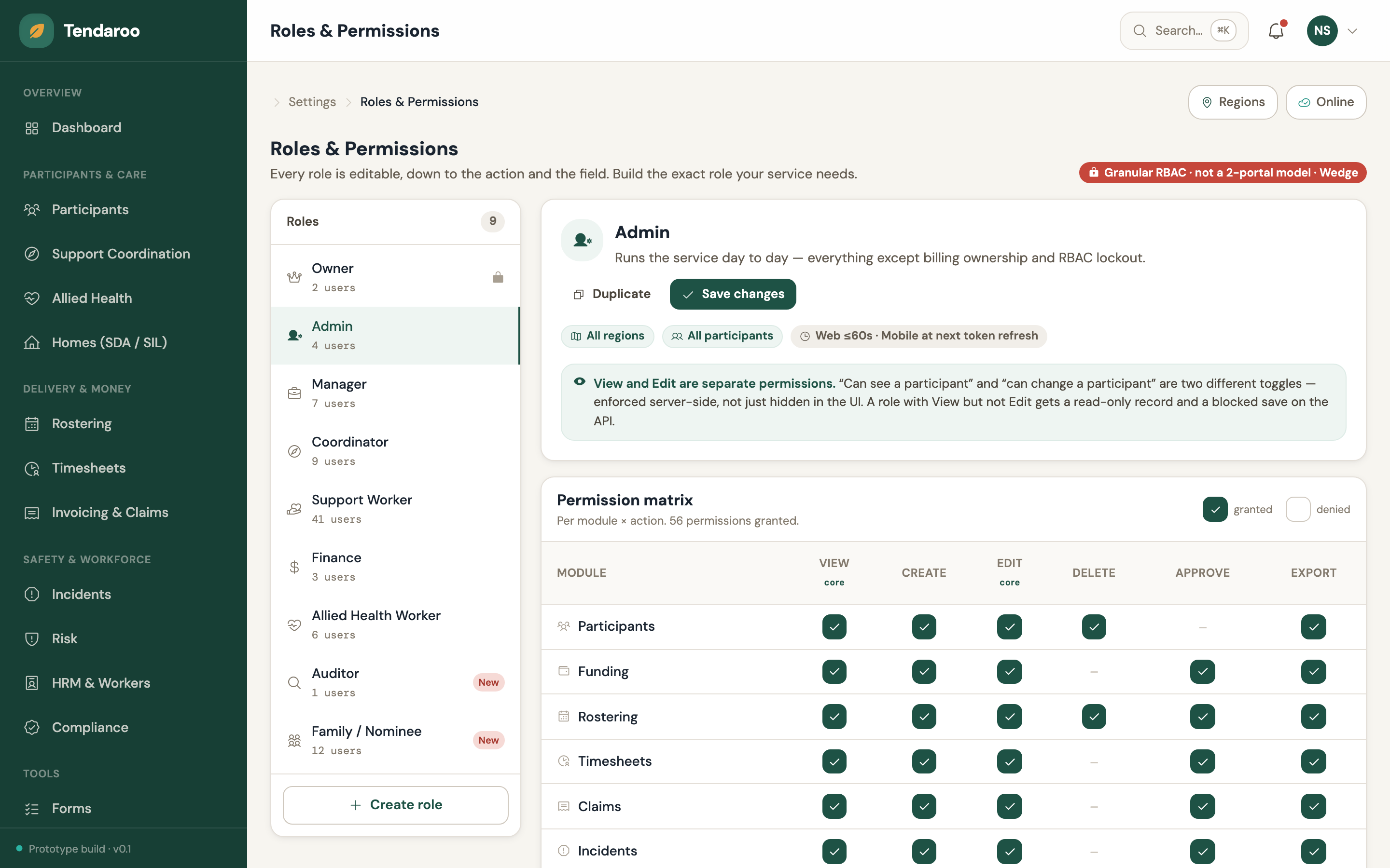 Tendaroo Roles and Permissions screen showing nine editable roles including Auditor and Family/Nominee, and a per-module permission matrix with separate View, Create, Edit, Delete, Approve and Export columns
