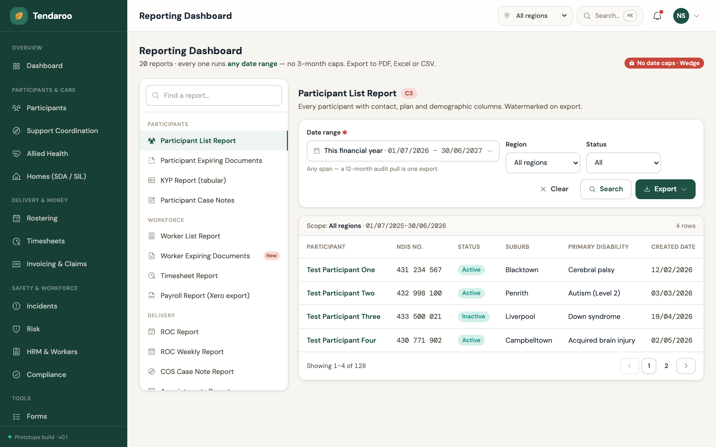 Tendaroo reporting screen with a date-range selector generating an audit-grade export pack across any period, not weekly-only